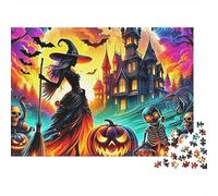 Puzzle scène Nocturne Fantastique 1000 pièces Adultes, sorcière avec citrouilles et Maison hantée, épais, Robuste, Vibrant, défi Difficile, Anti-Stress, Cadeau Familial 38x26cm/1000pcs