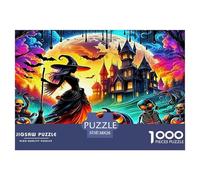Puzzle Scène Nocturne Fantastique 1000 pièces décoration Murale à la Maison - Sorcière château d'halloween Couleurs Vives Effrayant Festif Cadeau Amusant pour Adultes et Enfants idée Cadeau 38x26cm
