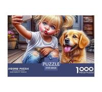 Puzzle Selfie Fille et Chien 1000 Pièces Extrêmement Difficile - Fille se Prend en Photo avec Chien, Papier Recy coratif 38x26cm