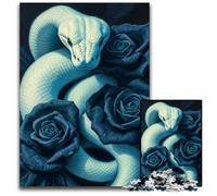 Puzzle Serpent Blanc et Roses Bleues 1000 Pièces Puzzle en Bois pour Noël Halloween Pâques Nouvel an 1000 PCS (75x50cm)