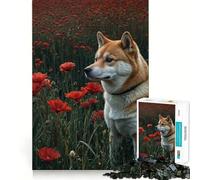 Puzzle Shiba Inu dans Un Champ de Coquelicots pour Adultes, 1000 pièces, Jeu de logique et de Construction, découpe précise, Cadeau mémorable 50x75cm
