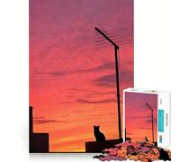 Puzzle Silhouette Chat au Coucher de Soleil 1000 Pièces pour Adolescents Amélioration de la Mémoire Détente et Amusant Pièce de Collection Art Découpée avec Précision 38x52cm