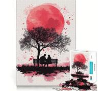 Puzzle Silhouette Couple sous la Lune Rouge 1000 Pièces pour Adolescents Jeu de Développement Logique et de Calme Objet de Collection Premium Edge Art 38x52cm