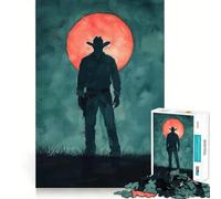 Puzzle Silhouette Cowboy sous la Lune Rouge 1000 Pièces pour Adolescents Jeu de Développement Logique et de Calme Objet de Collection Premium Edge Art 50x75cm