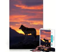 Puzzle Silhouette de Loup au Coucher du Soleil,1000 Pièces,Jeu de Mémoire,Découpe Laser de Qualité Supérieure,Activité Captivante pour des Soirées Calmes (50x75cm)