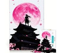 Puzzle Silhouette de Samouraï avec Lune Rose 1000 Pièces pour Adultes Renforce la Mémoire, Calme Esprit, Qualité, Surprise Chaleureuse (38x26cm)