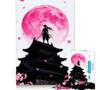 Puzzle Silhouette de Samouraï avec Lune Rose pour Adultes, 1000 Pièces, Jeu de Réflexion, Anti-Anxiété, Objet de Collection aux Découpes Soignées (38x52cm)