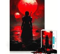 Puzzle Silhouette Guerrier sous la Lune Rouge, 1000 Pièces, Jeu de Logique, Découpe de Précision, Surprise Chaleureuse 38x26cm