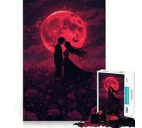 Puzzle Silhouette Romantique sous la Lune Rouge pour Adolescents, 1000 pièces, stimule la mémoire, soulage la Tension, Bords serrés, Belle œuvre d'art (38x52cm)