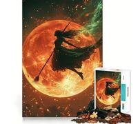 Puzzle Silhouette Sorcière Volant Devant Une Lune de Feu pour Adolescents 1000 Pièces Jeu de Logique Mentale Anti-Stress Découpe Ferme Cadeau de Vœux de Père Noël 38x52cm