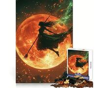 Puzzle Silhouette Sorcière Volant Devant Une Lune de Feu pour Adolescents 1000 Pièces Jeu de Logique Mentale Anti-Stress Découpe Ferme Cadeau de Vœux de Père Noël 38x52cm