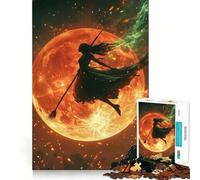 Puzzle Silhouette Sorcière Volant Devant Une Lune de Feu pour Adultes 1000 Pièces Renforce la mémoire Apaisant et Amusant Bordure de qualité Joli Cadeau 38x26cm