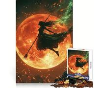 Puzzle Silhouette Sorcière Volant Devant Une Lune de Feu pour Adultes 1000 Pièces Renforce la mémoire Apaisant et Amusant Bordure de qualité Joli Cadeau 38x26cm