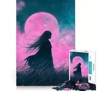 Puzzle Silhouette sous la Lune Rose 1000 Pièces pour Adultes Jeu de Réflexion Calme et Détente Décoration Murale aux Découpes Épaisses 38x26cm