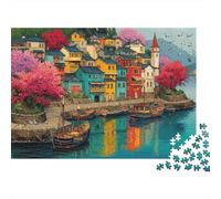 Puzzle soirée Jeu Familial Difficile 1000 pièces Port de Village coloré, Ville côtière reflet Oiseau Sakura Premium épais Robuste Haute qualité Vibrant Stimulant Anti-Stress 52x38cm