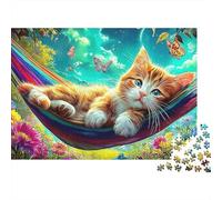 Puzzle Soirée Jeu Famille Difficile 1000 Pièces, Mignon Chat, Chat Roux, Hamac, Jardin Magique, Premium Épais Robustes Haute Qualité, Défi Antistress 38x26cm