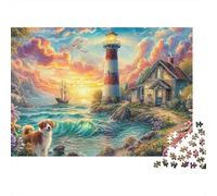 Puzzle Soirée Jeu Famille Difficile 1000 Pièces, Village Côtier Coloré au Coucher du Soleil, Phare et Chiots au Bord de la Mer, Premium Épais Robustes Haute Qualité, Défi Antistress 52x38cm