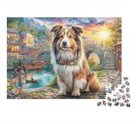 Puzzle Soirée Jeu Famille Difficile 1000pcs, Chien Collie, Village Traditionnel Chinois, Border Collie, Ville Douillette, Premium Haute Qualité, Défi Antistress 52x38cm