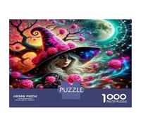 Puzzle Sorcière 1000 Pièces Papier Recyclé Sorcière avec Un Chat dans Une Scène Florale Cosmique pour Adultes Enfants Jeu Éducatif Détente Excellente Idée de Cadeau 38x26cm