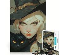 Puzzle Sorcière et Chat Noir 1000 pièces Jeu de logique et de réflexion Découpe Experte Artisanat de qualité Exercice Mental Calme à Faire à la Maison (38x52cm)
