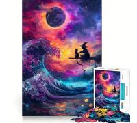Puzzle Sorcière et Chat sur Une Vague pour Adultes 1000 Pièces Jeu de Réflexion et d'Aptitude Découpe de Haute Précision Défi Divertissant pour Les Temps Passants (50x75cm)