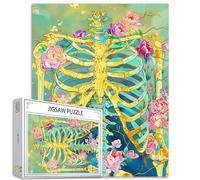 Puzzle Squelette Doré 1000 Pièces pour Adultes - Corps Humain Anatomie Avec Forme Unique - Crâne Halloween Style Fleurs Roses Os Art Cadeau