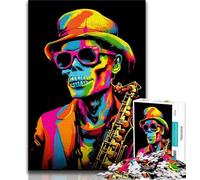 Puzzle squelette jouant du saxophone pour adultes et adolescents, 1000 pièces, difficile à compléter mais amusant et humoristique avec une affiche et une feuille de questions correspondantes (75x50cm)