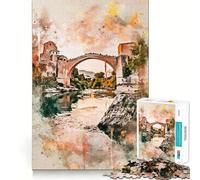 Puzzle Stari Most à l'aquarelle de 1000 pièces pour Adultes, défi cérébral, Jeu de Groupe, découpe Nette, Joli Cadeau 38x26cm