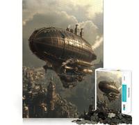 Puzzle Steampunk Aéronef Au-Dessus de la Ville 1000 Pièces pour Adolescents Jeu de Réflexion Anti-Stress Découpe Fine Liste de Souhaits du Père Noël 38x26cm