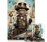 Puzzle Steampunk Chat Pêche au Bass 1000 Pièces pour Adolescents Jeu de Logique Détente et Lumière Découpe Précise Cadeau Classique 38x52cm