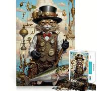 Puzzle Steampunk Chat Pêche au Bass 1000 Pièces pour Adultes Jeu de Logique Mentale Anti-Stress Découpe Ferme Cadeau Original 50x75cm