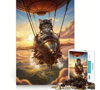 Puzzle Steampunk Chat Pilote Dirigeable 1000 Pièces pour Adolescents Améliore la Mémoire et Loisirs Découpe Solide Cadeau de Père Noël 50x75cm