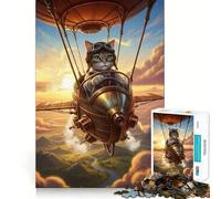 Puzzle Steampunk Chat Pilote Dirigeable 1000 Pièces pour Adolescents Jouet Intelligent et Ludique Cadeau de Noël Idéal 38x26cm