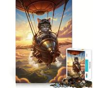 Puzzle Steampunk Chat Pilote Dirigeable pour Adolescents 1000 Pièces Jeu de Logique Amusant en Intérieur Bords Précis Pièce de Collection Art 38x52cm