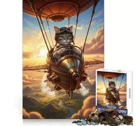 Puzzle Steampunk Chat Pilote Dirigeable pour Adolescents 1000 Pièces Jeu de Logique Amusant en Intérieur Bords Précis Pièce de Collection Art 38x52cm