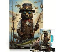 Puzzle Steampunk Ours Pêcheur 1000 Pièces pour Adolescents Jeu de Logique Mentale Anti-Stress Découpe Ferme Cadeau de Père Noël 50x75cm