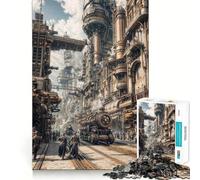 Puzzle Steampunk Paysage Urbain avec Trains et Personnages, 1000 Pièces, pour Adolescents, Jeu de Réflexion, Atelier d'Assemblage, 38x26cm