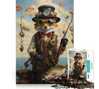 Puzzle Steampunk Renard Pêcheur de Bass 1000 Pièces pour Adolescents Amélioration de la Mémoire Détente et Amusant Pièce de Collection Art Découpée avec Précision 38x52cm