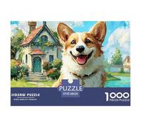 Puzzle Stimulant 1000 Pièces Chien Mignon - Corgi près d'une Chaumière Fantaisiste, Décoration Murale, Jeu et Cadeau pour Adultes, 38x26cm
