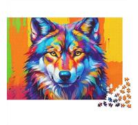 Puzzle Stimulation mentale 1000 pièces Art du Loup coloré Adultes, tête de Loup dégradée Couleurs audacieuses Artistique Premium épais Robuste Stimulant Anti-Stress 38x26cm