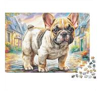 Puzzle Stimulation Mentale Bulldog Anglais 1000 Pièces pour Adultes Bouledogue Français Rue Fleurs Premium Épais Robuste Difficile Anti-Stress 52x38cm