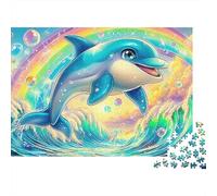Puzzle Stimulation Mentale Joie Dauphin 1000 Pièces pour Adultes Dauphin Arc-en-Ciel Vagues Bulles Premium Épais Robuste Difficile Anti-Stress 38x26cm