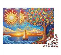 Puzzle surréaliste de 1000 pièces : Arbre de tournesols, voilier, Coucher de Soleil et Ciel Fleuri. Jeu éducatif pour Adultes. Décoration Magnifique et défi Stimulant. d'anniversaire. 52 x 38 cm.