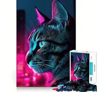 Puzzle Synthwave Portrait de Chat pour Adolescents 1000 Pièces Jeu Intelligent et Apaisant Découpe Facile Cadeau 50x75cm