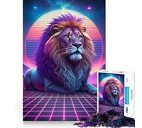 Puzzle Synthwave Portrait de Lion pour Adolescents 1000 Pièces Jouet Cognitif Silencieux Bordure Premium Cadeau de Noël 50x75cm