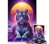 Puzzle Synthwave Portrait de Tigre 1000 Pièces pour Adultes Jeu de Logique Mentale Paisible et Amusant Découpe Ferme Cadeau Précieux 50x75cm