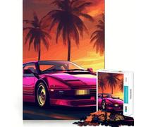 Puzzle Synthwave Rétro Voiture Coucher de Soleil 1000 Pièces Adultes Cadeau pour Renforcer Les Souvenirs, Sérénité, Qualité, Bordure, Vœux du Père Noël 38x52cm