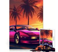Puzzle Synthwave Rétro Voiture Coucher de Soleil 1000 Pièces Adultes Cadeau pour Renforcer Les Souvenirs, Sérénité, Qualité, Bordure, Vœux du Père Noël 38x52cm
