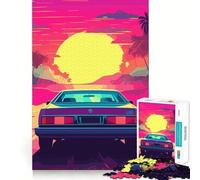 Puzzle Synthwave Rétro Voiture Coucher de Soleil 1000 Pièces pour Adolescents Jeu de Réflexion Activité à la Maison Découpe Premium Cadeau de Père Noël 38x26cm