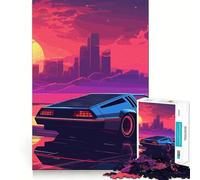 Puzzle Synthwave Rétro Voiture Coucher de Soleil pour Adolescents 1000 Pièces Activité à la Maison pour Stimuler la Mémoire Motif à Assembler Cadeau Parfait 38x52cm